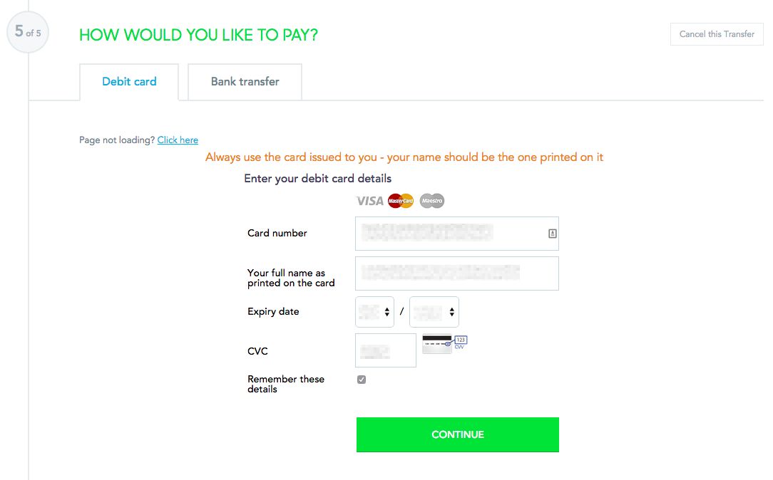 Transwerwise debit card payment form