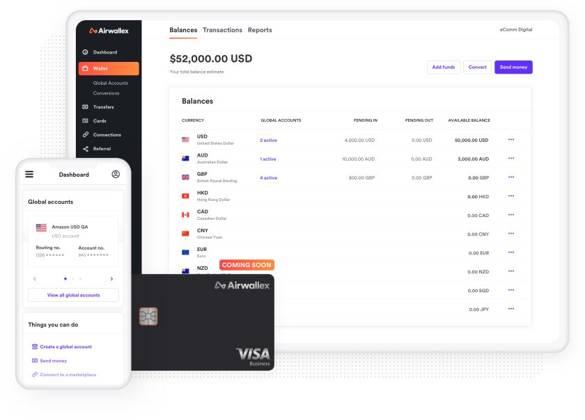 Airwallex web interface, mobile app, and business card