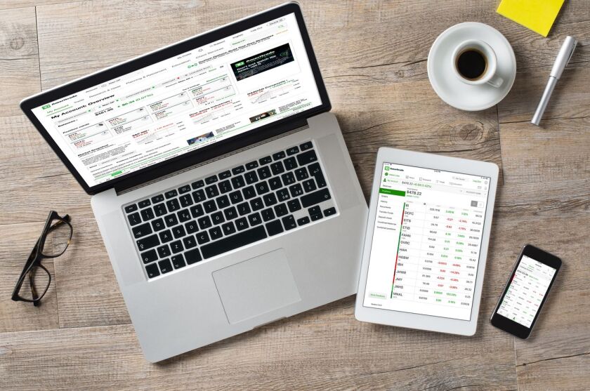 TD Ameritrade trading application on a laptop, phone, and tablet