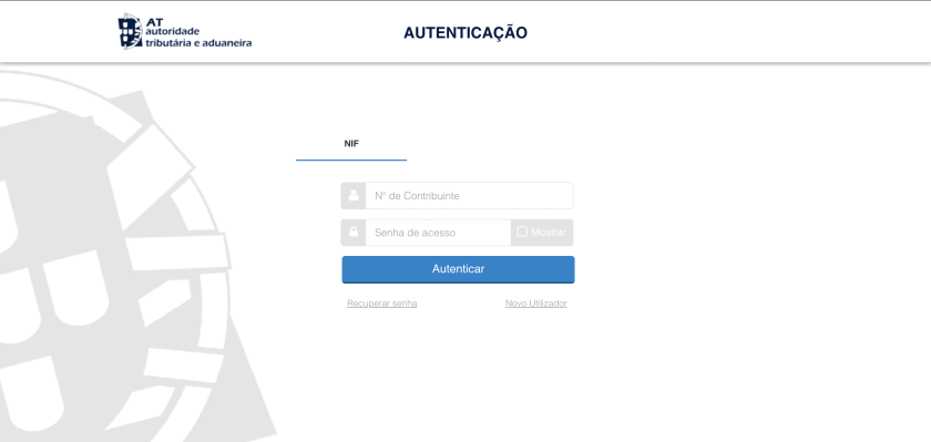 Finanças login screen