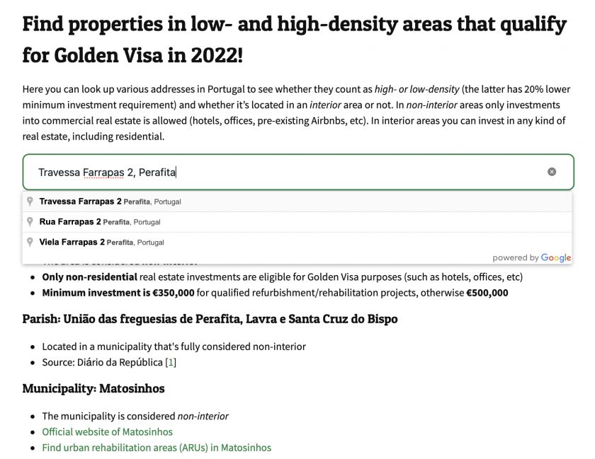 Look up any area in Portugal to check what kind of Golden Visa investment is eligible there