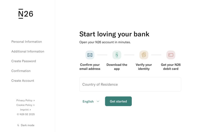 The start of the N26 sign up process