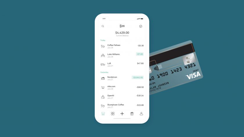 Overview over all your N26 transactions in the app, together with the american N26 Visa card