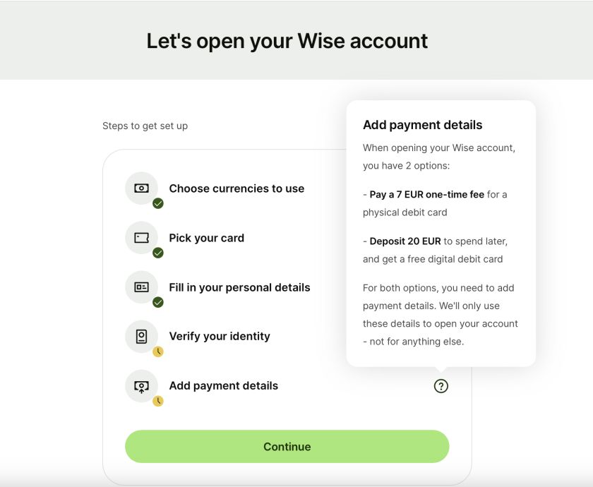 Wise setup steps and debit card options