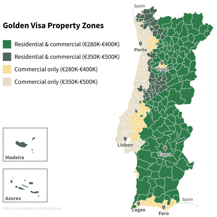 Golden Visa property map showing low- vs high-density and interior vs coastal areas, with respectively €280,000, €350,000, €400,000, €500,000 investment amounts in commercial and residential real estate